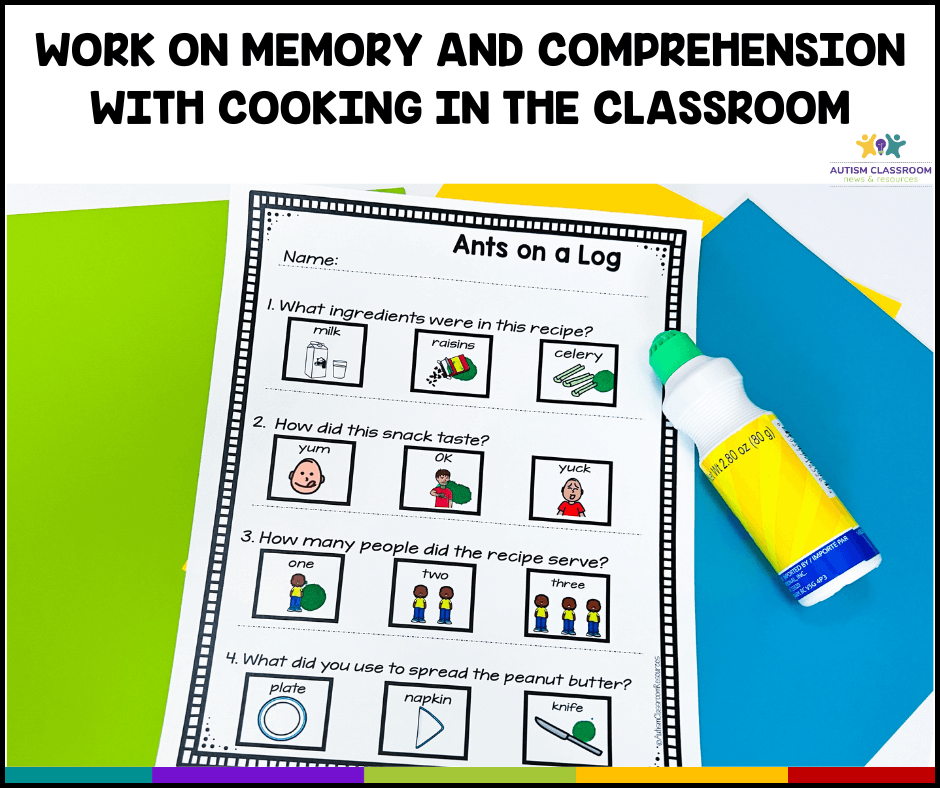 Work on Memory and Comprehension When Cooking in the Classroom: Picture of a workheet with visual choices and a bingo marker