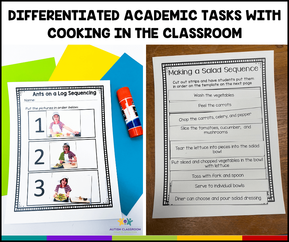 Cooking in the Classroom Differentiated Academic task - picture of sequencing 3 steps for Ants on a log and sequencing written sentences for a tossed salad recipe