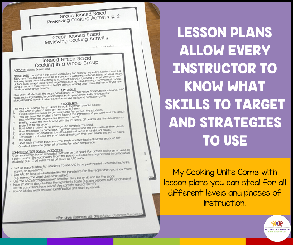 Cooking in the Classroom Lesson Plans Allow every instructor to know what skills to target and strategies to use. My Cooking Units come with lesson plans you can steal for all different levels and phases of instruction