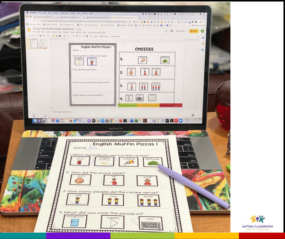 Cooking in the Classroom picture of a worksheet with picture choices combined with a digital version on a laptop