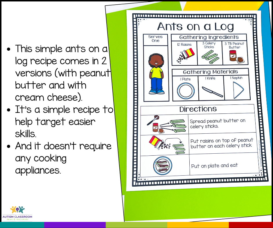 Cooking in the Classroom Visual Recipe. 1. This simple antson a log recipe comes in 2 versions (with Peanut butter and with cream cheese); 2. It's a simple recipe to help target easier skills; 3. And it doesn't require any cooking appliances.