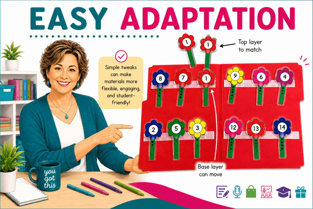 A smiling woman points to a colorful matching activity with numbered flower clips on a red board. Text reads, Easy Adaptation. A callout explains that tweaks make materials flexible, engaging, and student-friendly.