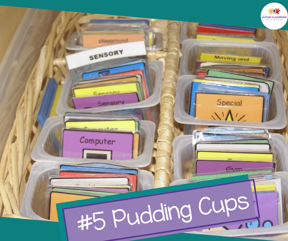 Small plastic cups holding visuals stored in a basket. #5 of 5 Ways to Store Autism Classroom Visuals