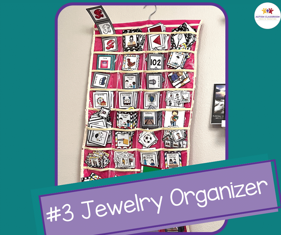 #3 Jewelry Organizer with visuals in the pockets. #3 of 5 Ways to Store Autism Classroom visuals