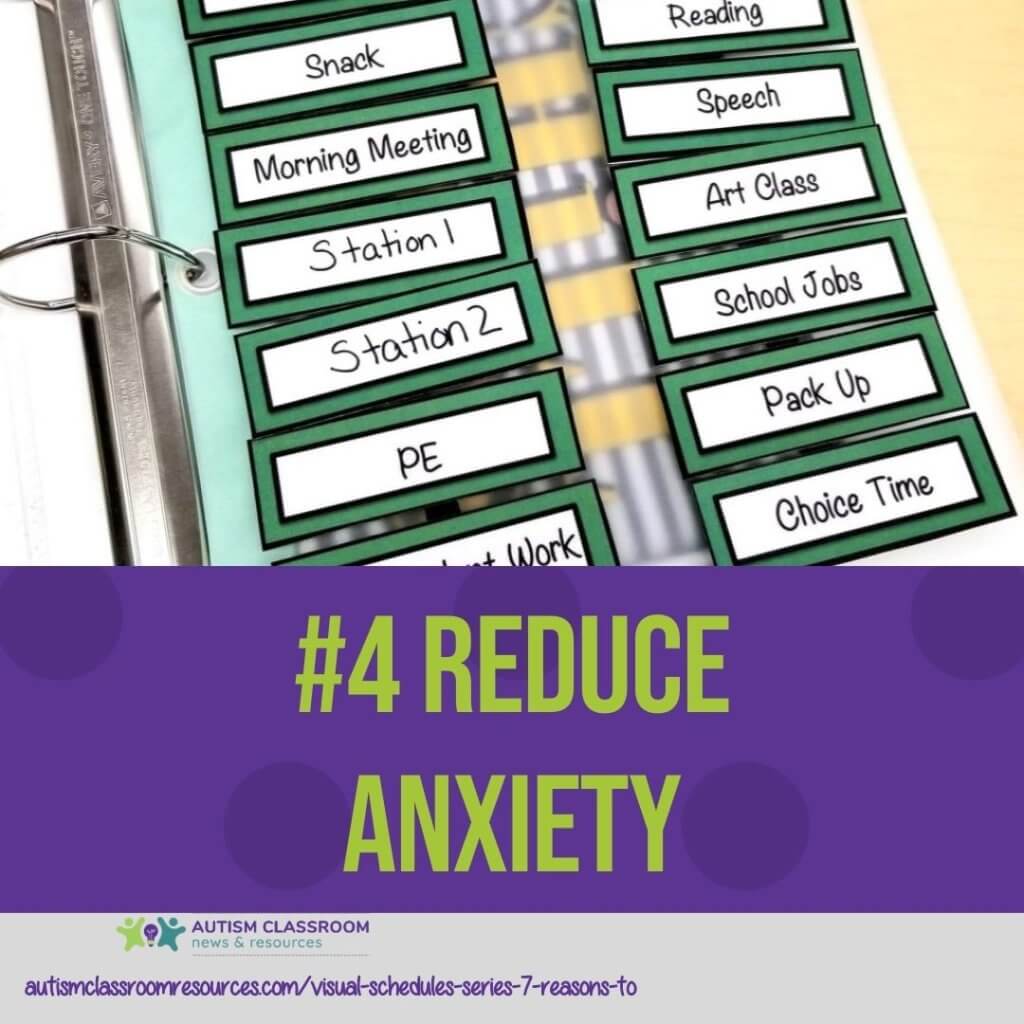 7 Reasons to Use Visual Schedules in Autism: #4 They Reduce Anxiety. Picture of written schedules in a notebook