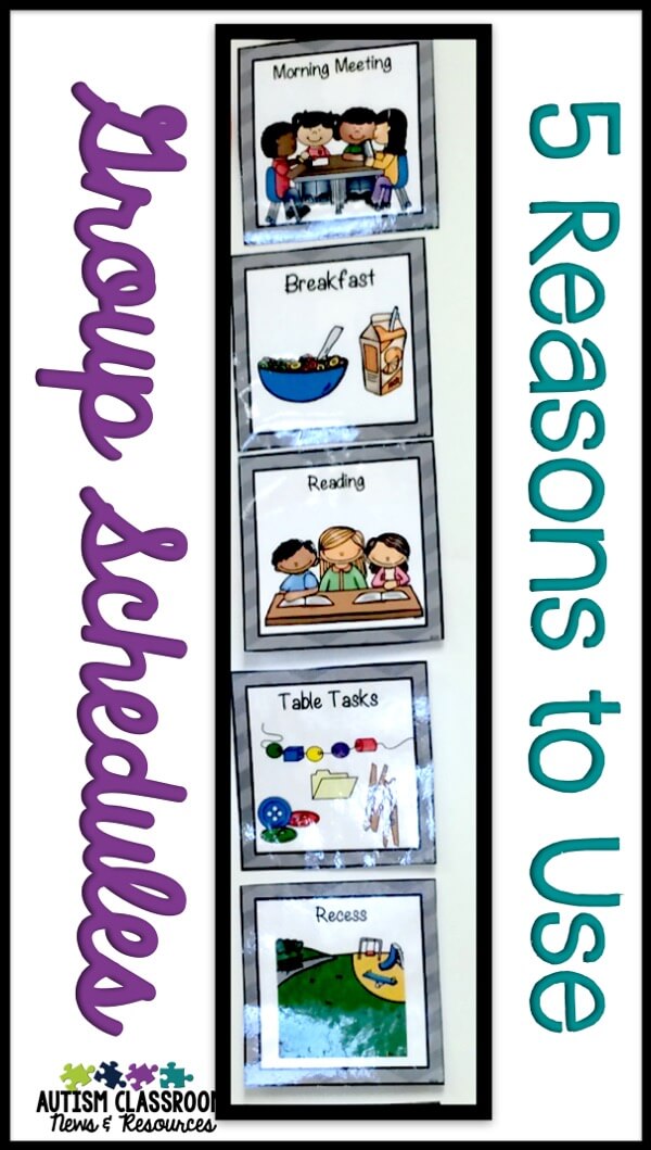 Group visual schedules for special education classrooms come in many different forms. Check out the post to see 5 reasons why they are important as well as many examples.
