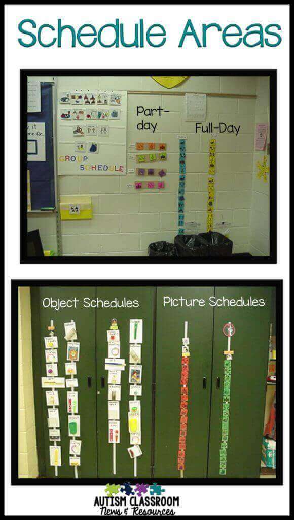 Pictures of individual visual schedules including picture schedules, written schedules and object schedules for students with autism.