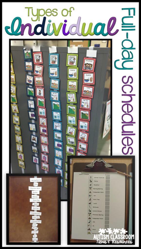 Pictures of individual visual schedules including picture schedules, written schedules and object schedules for students with autism.