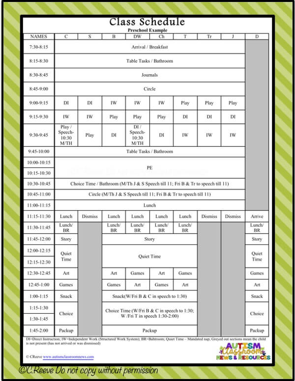 This preschool schedule provides an example of a self-contained preschool classroom setup for special education.