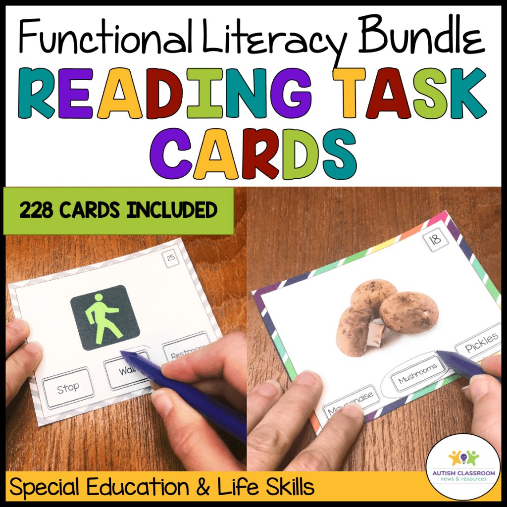 Functional Literacy Bundle for functional reading task cards (foods and signs)