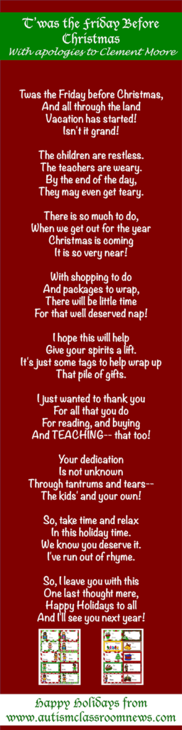 The Friday Before Winter Vacation Poem from Autism Classroom Resources