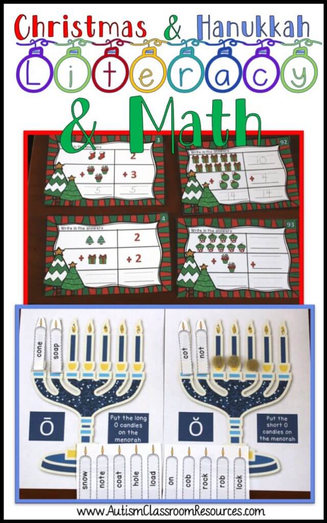 Looking for some fun holiday-themed materials for basic literacy and math skills? With Hanukkah and Christmas as its themes, it includes file folders, worksheets, patterning games, and task cards. It focuses on basic addition, subtraction, vowel sound sorting, and patterns. I included differentiated versions of the tasks as well so they will work well for kindergarteners, early childhood, and special education.