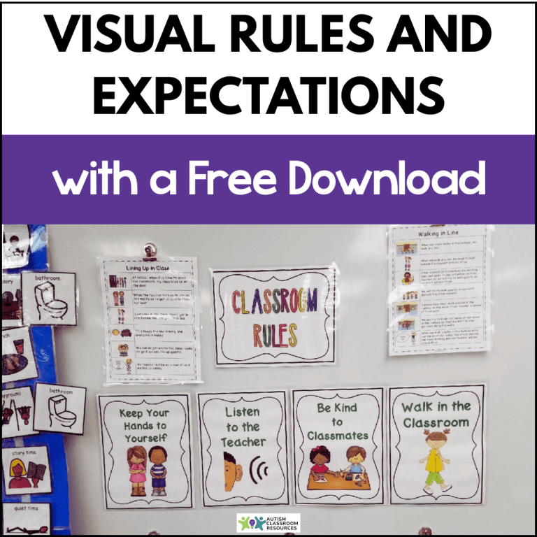 A classroom wall displays rules and expectations, featuring posters that read: Keep Your Hands to Yourself, Listen to the Teacher, Be Kind to Classmates, and Walk in the Classroom.