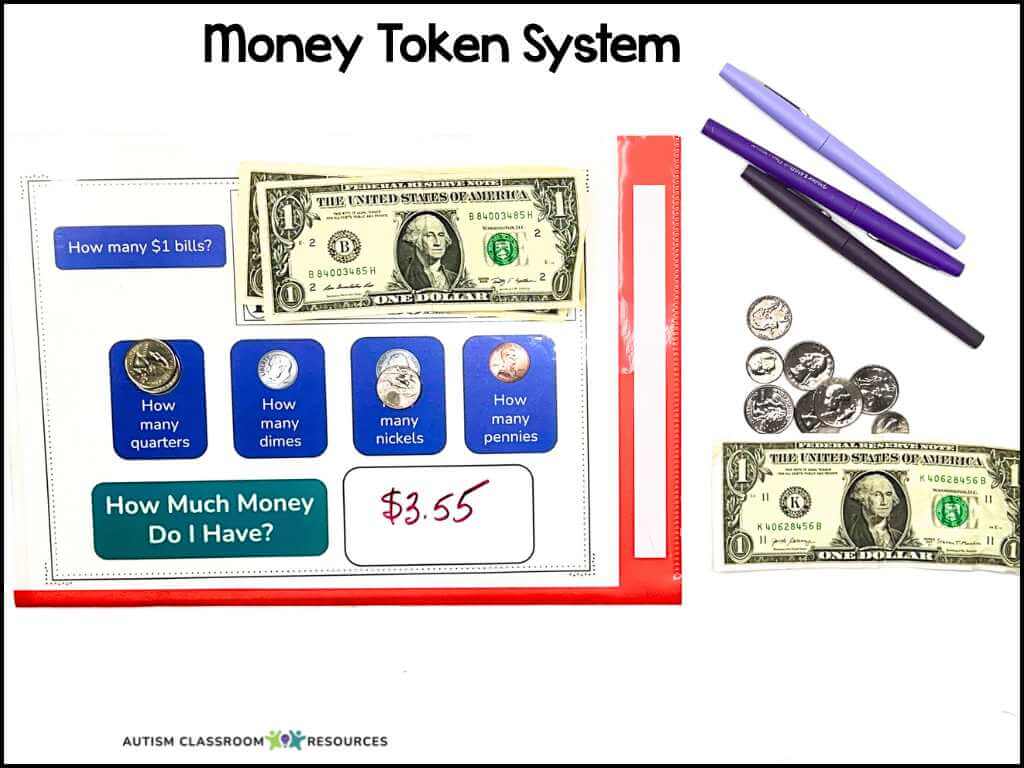 A worksheet labeled Money Token System shows a U.S. dollar bill and coins, questions about counting bills and coins, purple pens, and a written answer $3.55. Rules and expectations are emphasized alongside the Autism Classroom Resources logo at the bottom.