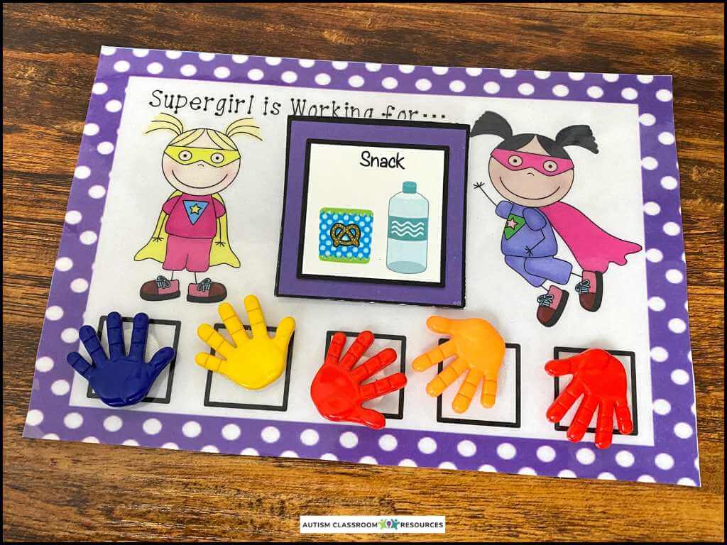 A colorful reward chart with cartoon supergirls sets clear rules and expectations, includes five plastic hand tokens, and a picture card showing a snack and water bottle. The chart reads Supergirl is working for... on a purple polka dot background.