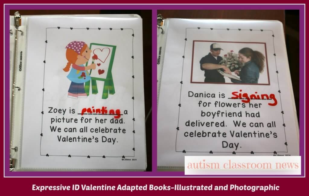 Valentine's Day interactive picture books with illustration page and photo page for expressive ID of verbs by filling in the blank of the sentence