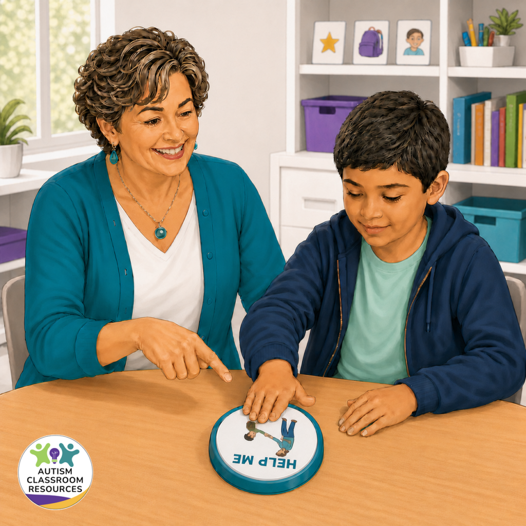 A smiling woman and a young boy sit at a table. The boy presses a button labeled HELP ME, demonstrating a positive replacement behavior. The woman points to the button. Shelves with books and toys are visible in the background. A logo reads, Autism Classroom Resources.