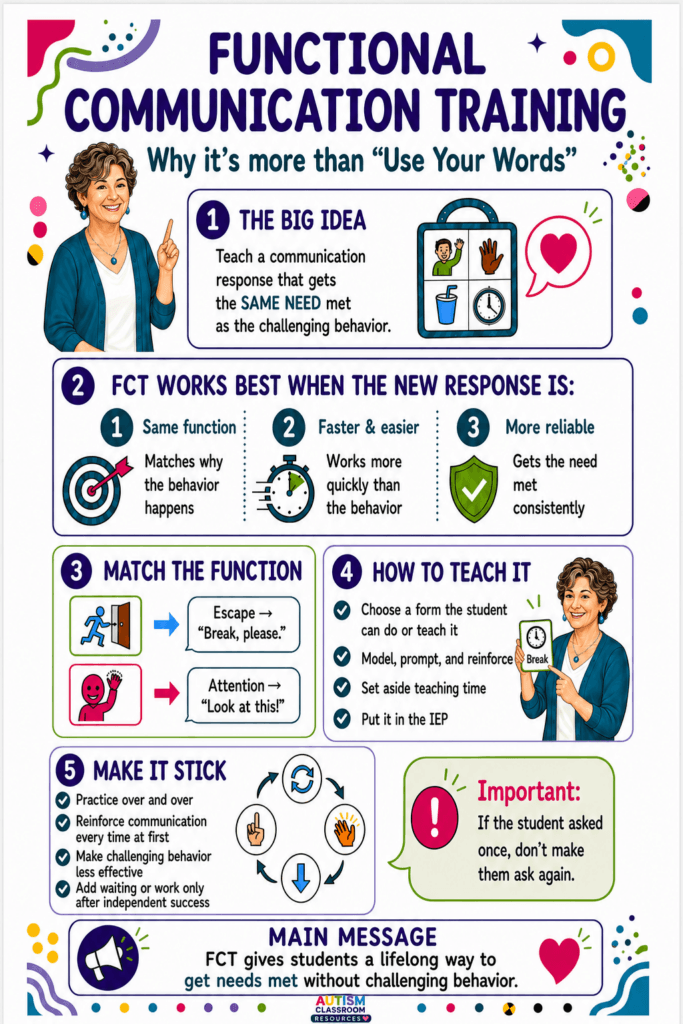 A colorful infographic explaining functional communication training (FCT), its benefits, steps for teaching, importance, and the main message to meet students’ needs without challenging behavior. Illustrations of a woman and helpful icons are included.