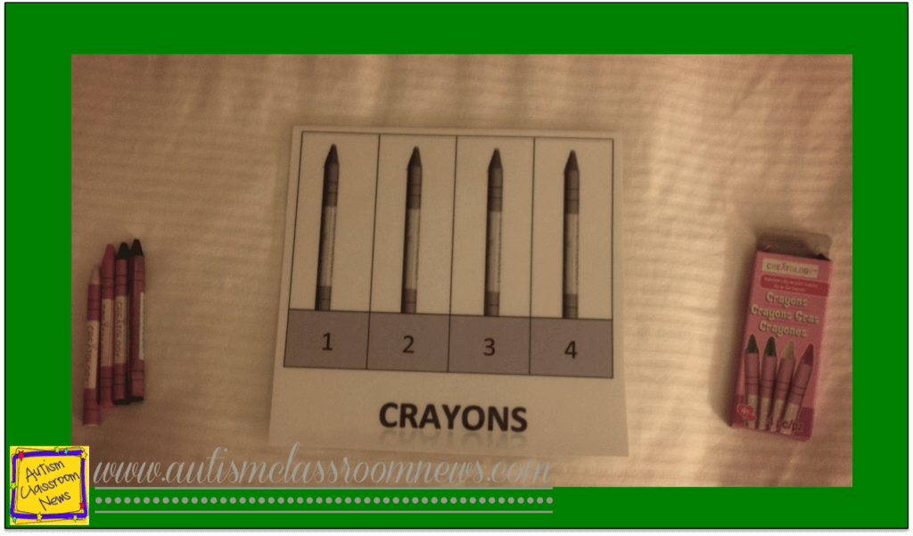 A picture of using a jig to count out crayons and package them in a box as part of a structured work system for students with autism