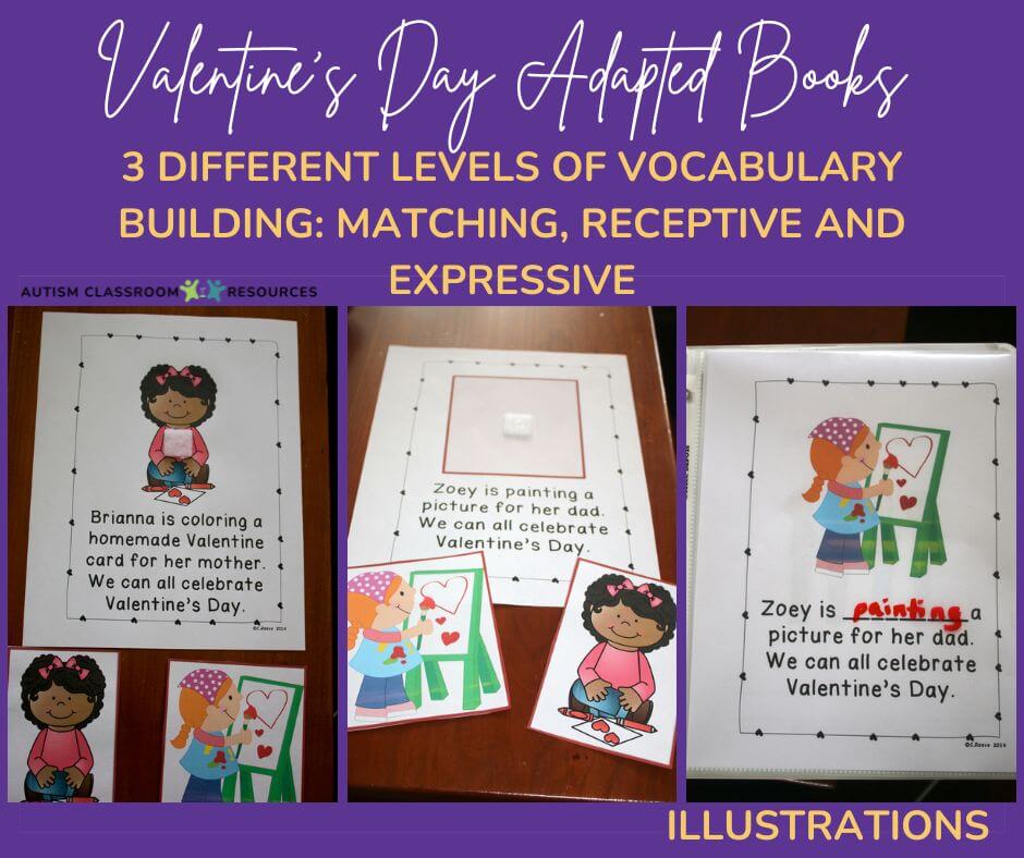 Adapted Books Valentines Day Activities for Special Education from Preschool to Life Skills-Free Download 3 formats for matching, expressive and receptive language - illustrated book