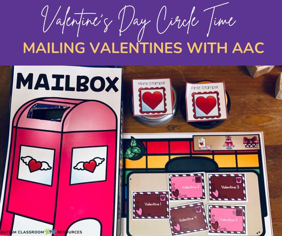 Circle Time Valentines Day Activities for Special Education Mailing a Valentine's with AACp-includes interactive mailbox with visuals and visuals for AAC for repetitive phrases