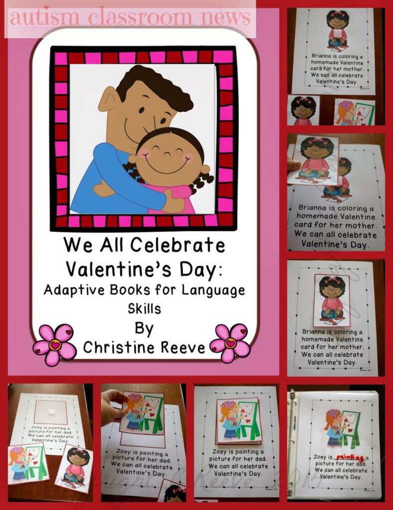 Pages from the Valentine's Day Illustrated Interactive Picture books. It shows pictures demonstrate matching, expressive ID and fill in the blank concepts.