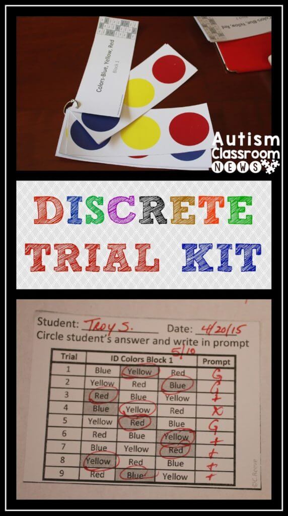 Many of us working with students with autism and other complex disabilities use discrete trials as a fundamental part of our instruction. Implementing discrete trial training (DTT) in the classroom can be difficult. So I am sharing a free sample of a type of trial kit that can help everyone in the classroom (including paraprofessionals) to implement trials consistently. Check it out and download your kit today.