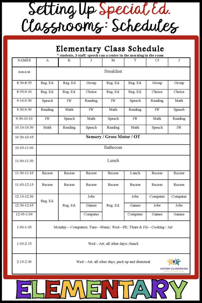Elementary Schedule for a Special ed classroom
