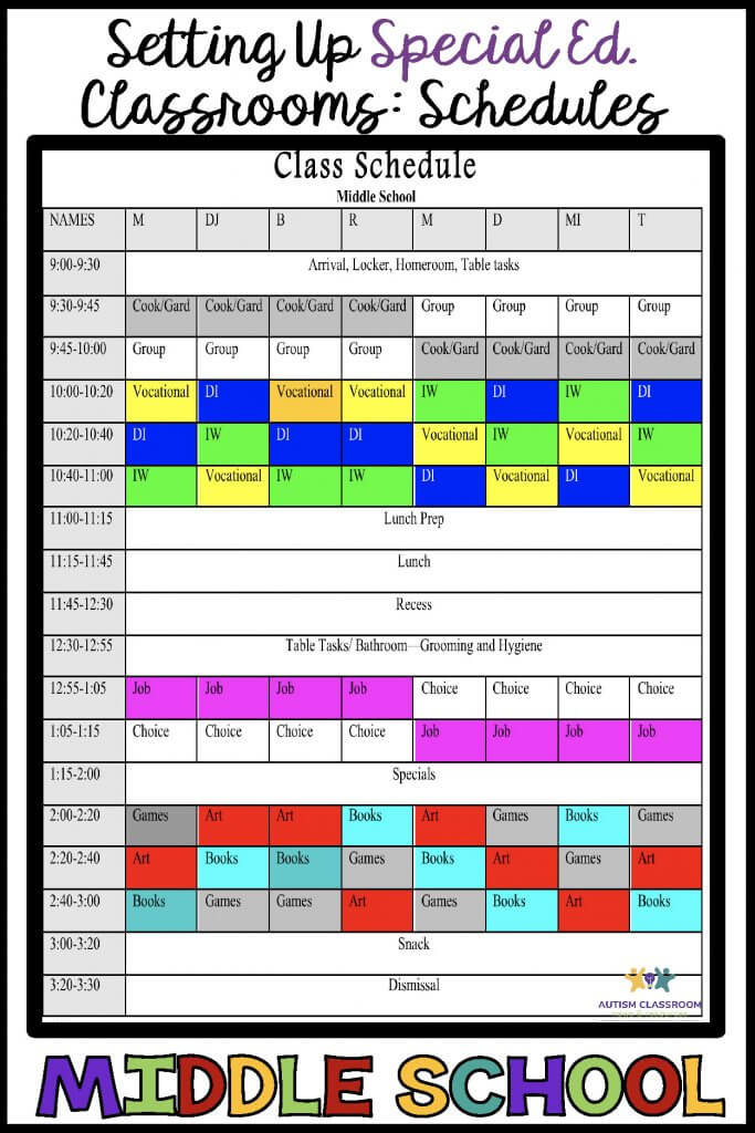 middle school special education schedule grid with 2 classes combined