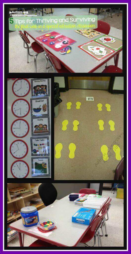 Schedule visuals and feet on the floor are key visuals along with setting up activities before students arrive