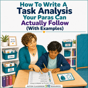 A woman helps a young boy fill out a checklist—a clear example of task analysis in action. The background has shelves with labeled bins and a motivational sign. The image header reads How To Write A Task Analysis Your Paras Can Actually Follow (With Examples).