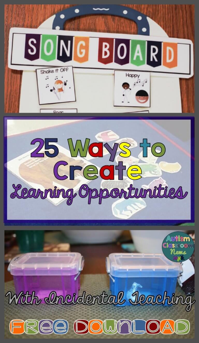 25 Ways to Create Learning Opportunities with incidental teaching free download from Autism Classroom Resources