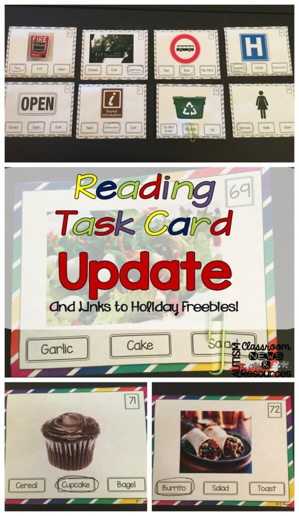 Reading Task Card Update and Links to Holiday Freebies from Autism Classroom Resources