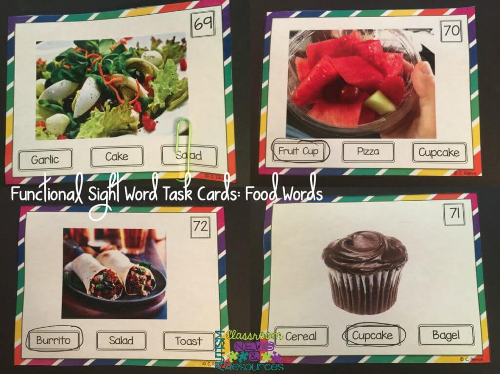 Functional Sight Word Task Cards Food Words from Autism Classroom News