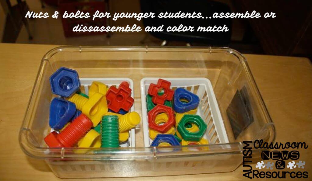 Nuts and bolts make a great assembly and disassembly task. For older students you can use real ones. For younger, these are a great larger version. 
