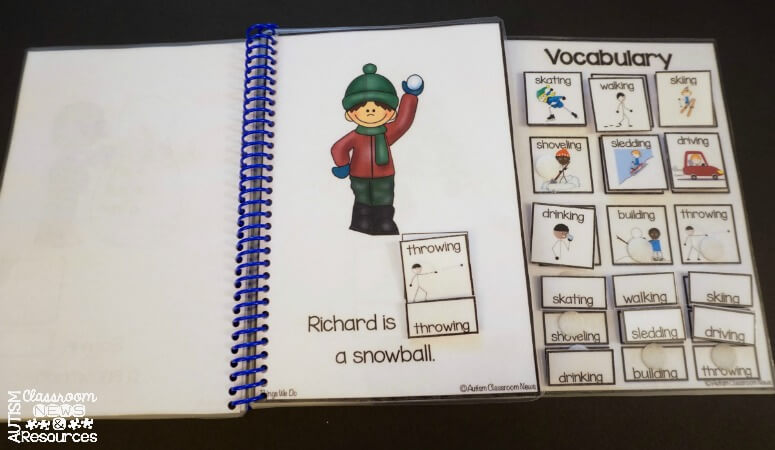 An interactive book with Richard throwing a snowball from Winter Interactive Books by Autism Classroom News