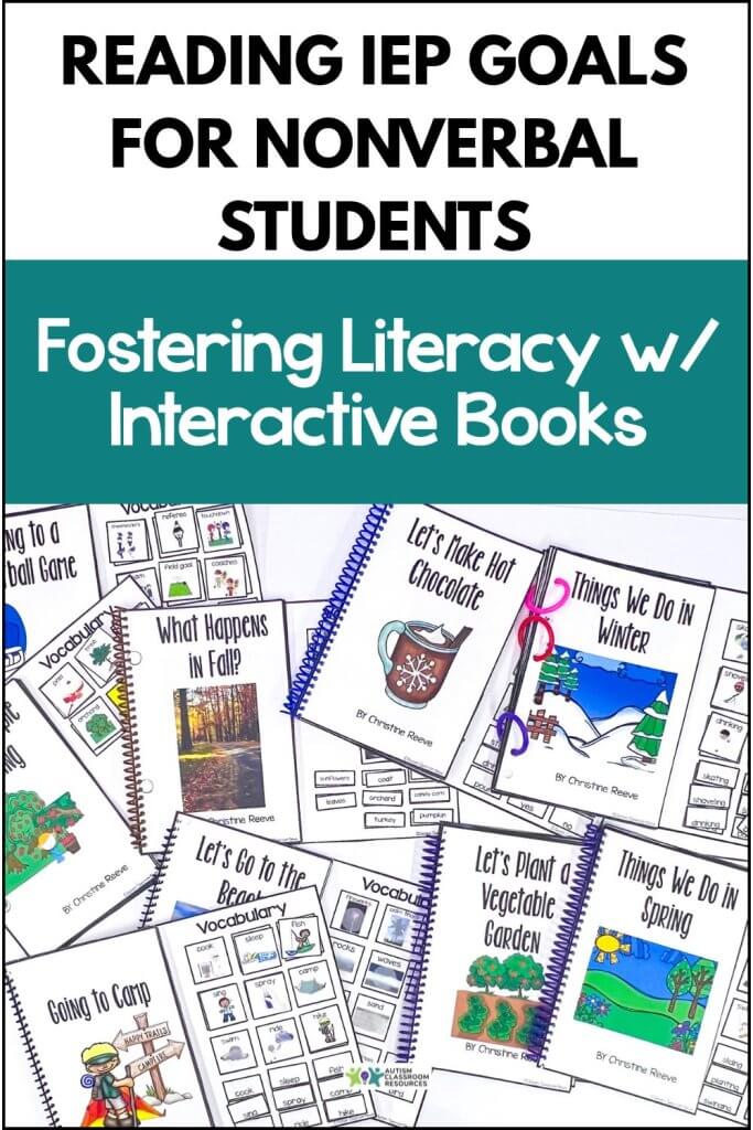 A display of interactive books with colorful covers supports reading IEP goals for nonverbal students, featuring titles like What Happens in Fall? and Let’s Plant a Vegetable Garden to foster literacy and engagement.