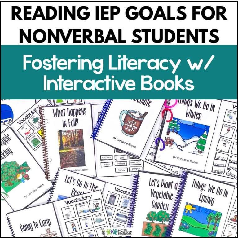 Several spiral-bound interactive books for nonverbal students are displayed, featuring colorful illustrations and titles about seasons, activities, and vocabulary, with a bold heading promoting literacy and reading IEP goals for nonverbal students.