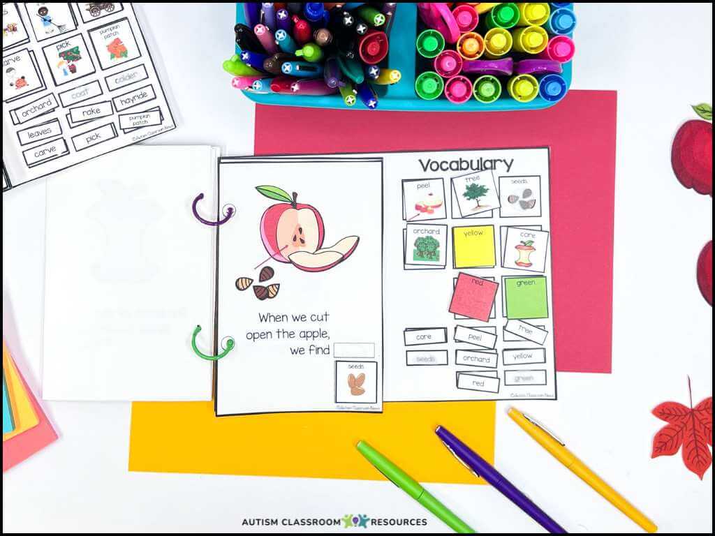 A colorful classroom desk with vocabulary worksheets, markers, colored paper, and pens. The apple-themed activities support vocabulary words like “green,” “seeds,” and “orchard,” aligning with reading IEP goals for nonverbal students.