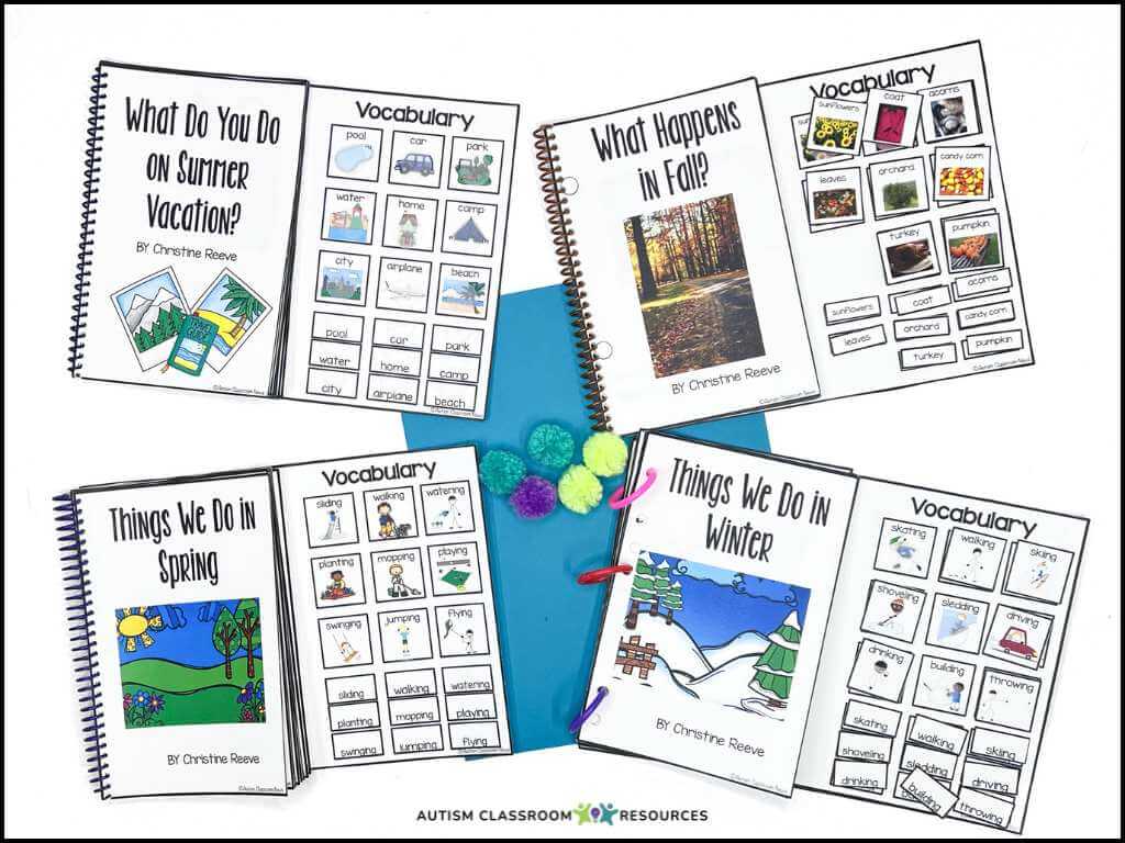 Four seasonal activity books—great for supporting reading IEP goals for nonverbal students—are open, showing vocabulary pages and colorful illustrations that explore summer vacations, fall changes, spring activities, and winter fun.