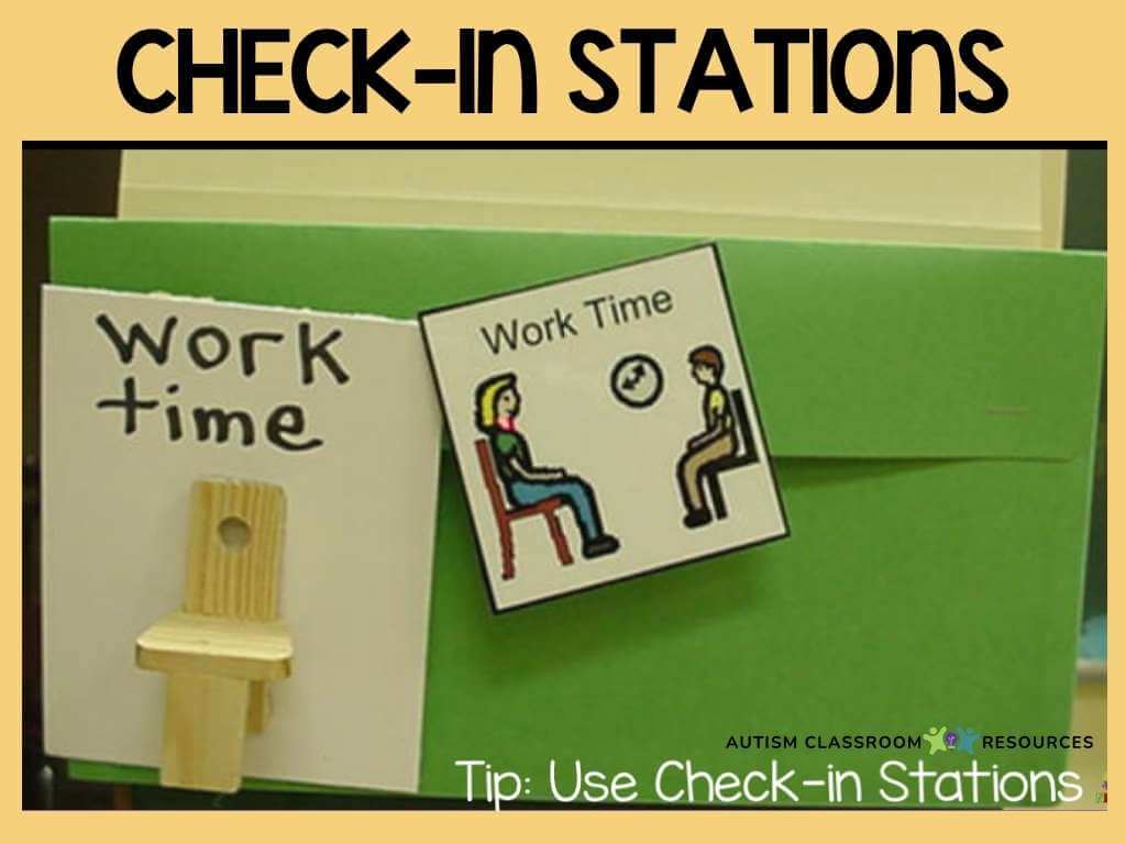 A green folder labeled work time with a clothespin and a picture of two people sitting in chairs facing each other, titled Work Time. Text above reads Check-in Stations, with a tip to use check-in stations as part of visual schedules for autism.