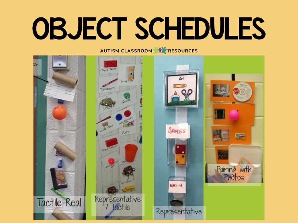 A visual guide titled Object Schedules presents four types of visual schedules for autism in classrooms: tactile real objects, representative tactile items, representative photos, and pairing with photos for better organization.