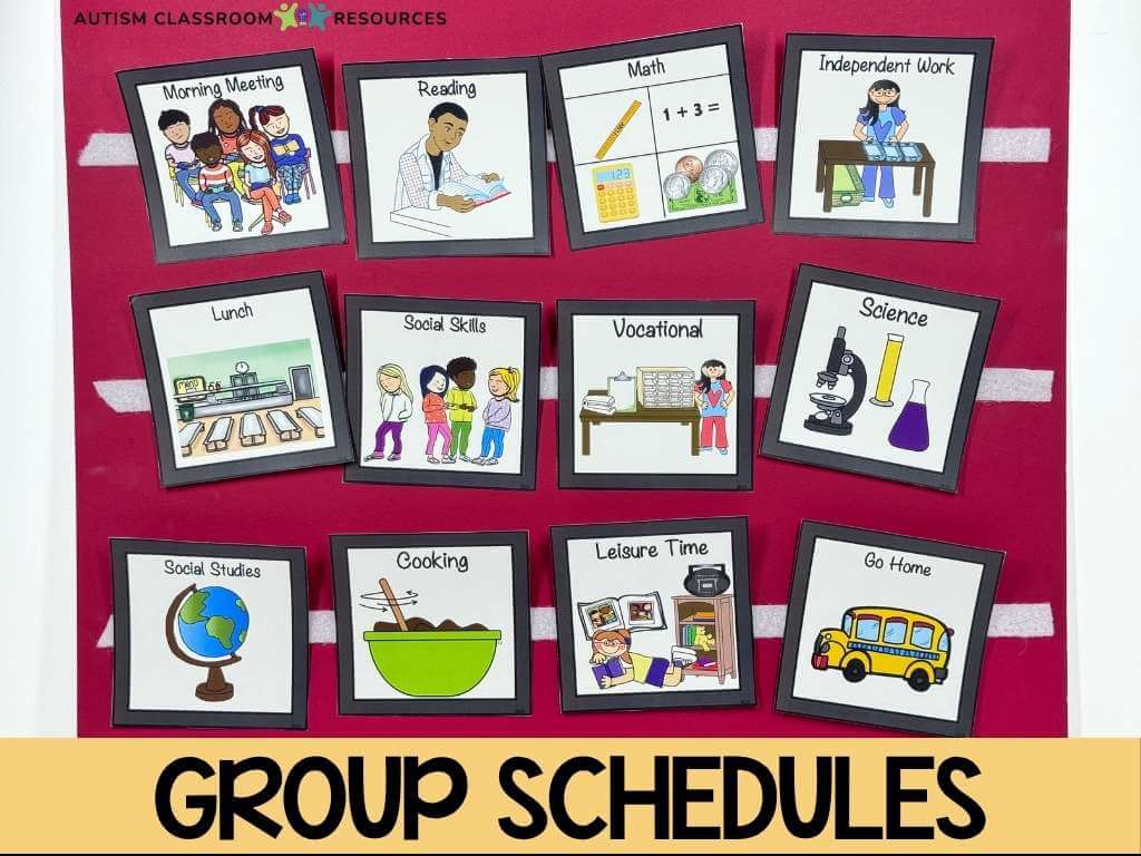 A bulletin board displays illustrated cards for daily activities, serving as visual schedules for autism: morning meeting, reading, math, lunch, vocational tasks, and more. Text reads Group Schedules.