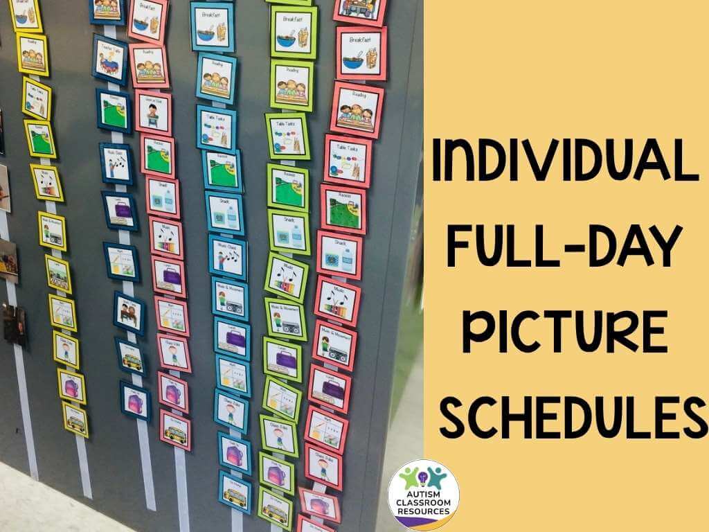A display of colorful individual full-day visual schedules is shown on a wall, with each schedule featuring various activity cards. Text on the right reads, INDIVIDUAL FULL-DAY PICTURE SCHEDULES.