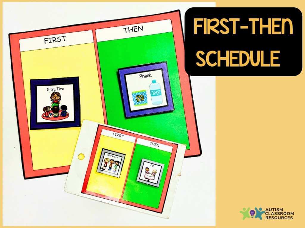 A First-Then schedule visual aid, ideal as a visual schedule for autism, displays First: Story Time and Then: Snack on a colorful board, with another card showing First: Work and Then: Music. "First-Then Schedule" is written on the image.