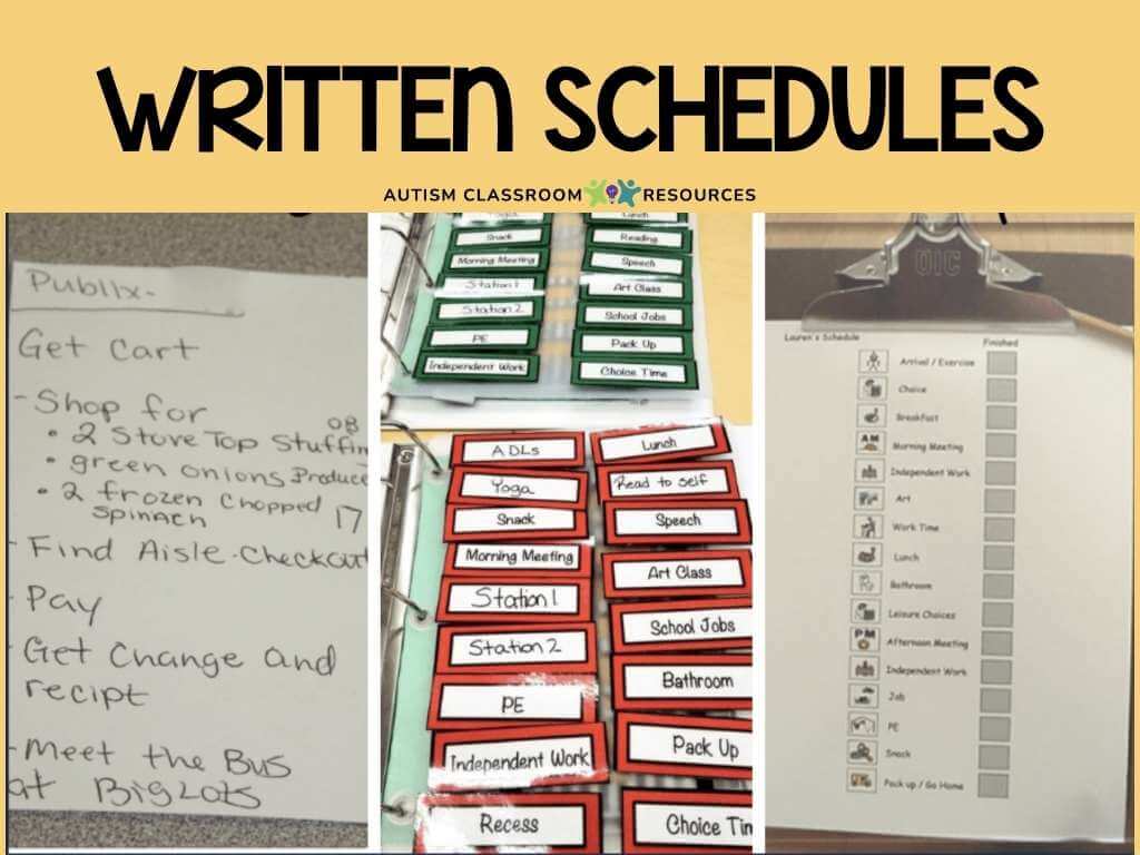 Three examples of written schedules for classroom routines, including visual schedules for autism: a handwritten shopping list, laminated daily activity cards, and a clipboard checklist of tasks, all labeled Written Schedules.