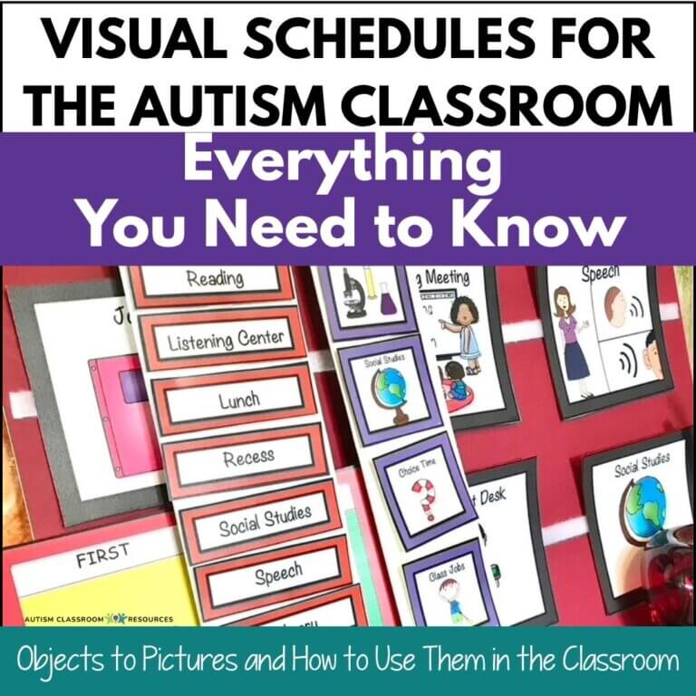 Visual schedules for autism classrooms are displayed, showing labeled cards with images for activities like reading, lunch, recess, and social studies. Text above explains how visual schedules support organization and routine in autism classrooms.