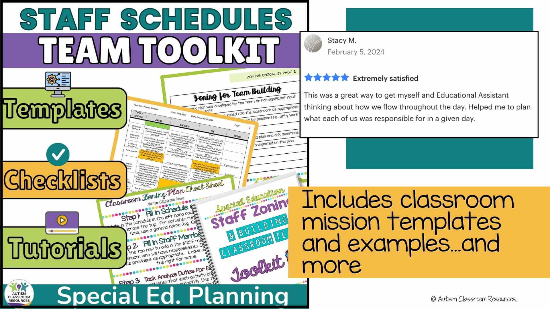 Staff Schedules Team Toolkit: Templates, Checklists, Tutorials. Stacy M. said she was extremely satisfied with this feedback: "This was a great way to get myself and Educational Assistant zoned into the classroom as appropriate thinking about how we flow throughout the day. Helped me to plan by position (eg, dirty work what each of us was responsible for in a given day." Includes classroom mission templates and examples...and more