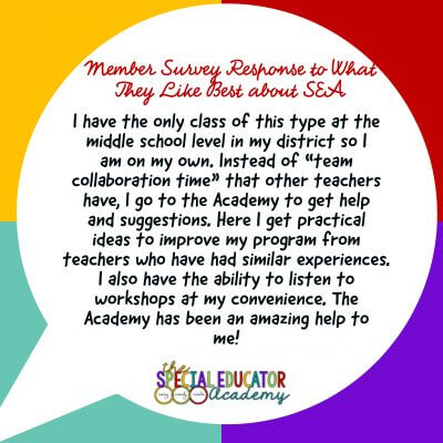 I have the only class of this type at the middle school level in my district so I am on my own. Instead of "team collaboration time" that other teachers have, I go to the Academy to get help and suggestions. Here I get practical ideas to improve my program from teachers who have had similar experiences. I also have the ability to listen to workshops at my convenience. The Academy has been an amazing help to me!