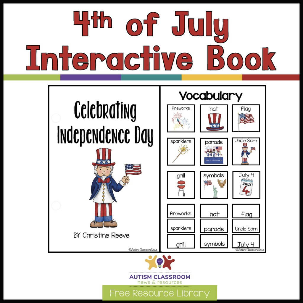 4th of July Interactive Book in the free resource library. Shows title page of book with the visuals page for matching vocabulary.